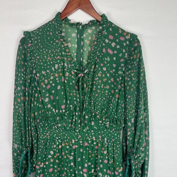 Three Floor Hansen Floral Long Puff Sleeve Ruffle Flowy Maxi Dress Green 4 - Picture 5 of 12
